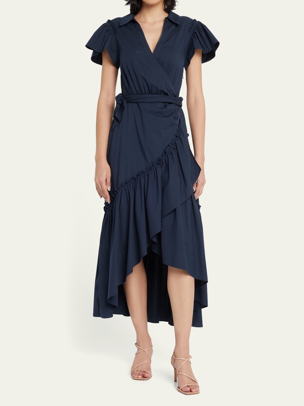 Cinq à Sept Lila Side-Tie Ruffle Midi High-Low Wrap Dress Navy